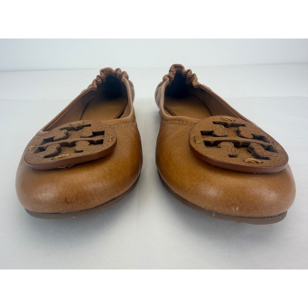Tory Burch Reva Ballet Flats Women 7M Tan Pebbled Leather Logo Medallion Classic - Picture 4 of 7